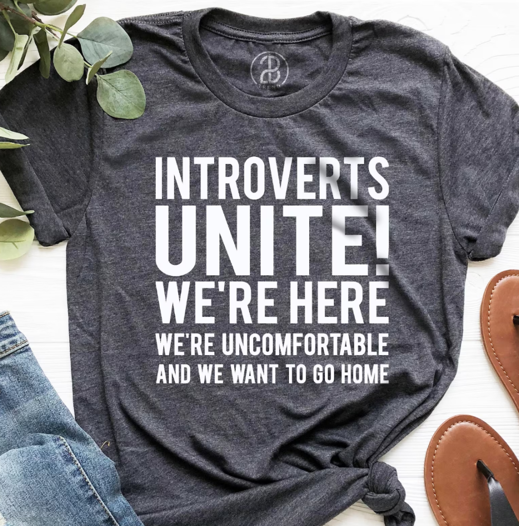 A gray t-shirt from the 2BTrend Etsy store, reading: "Introverts unite! We're here, we're uncomfortable, and we want to go home."